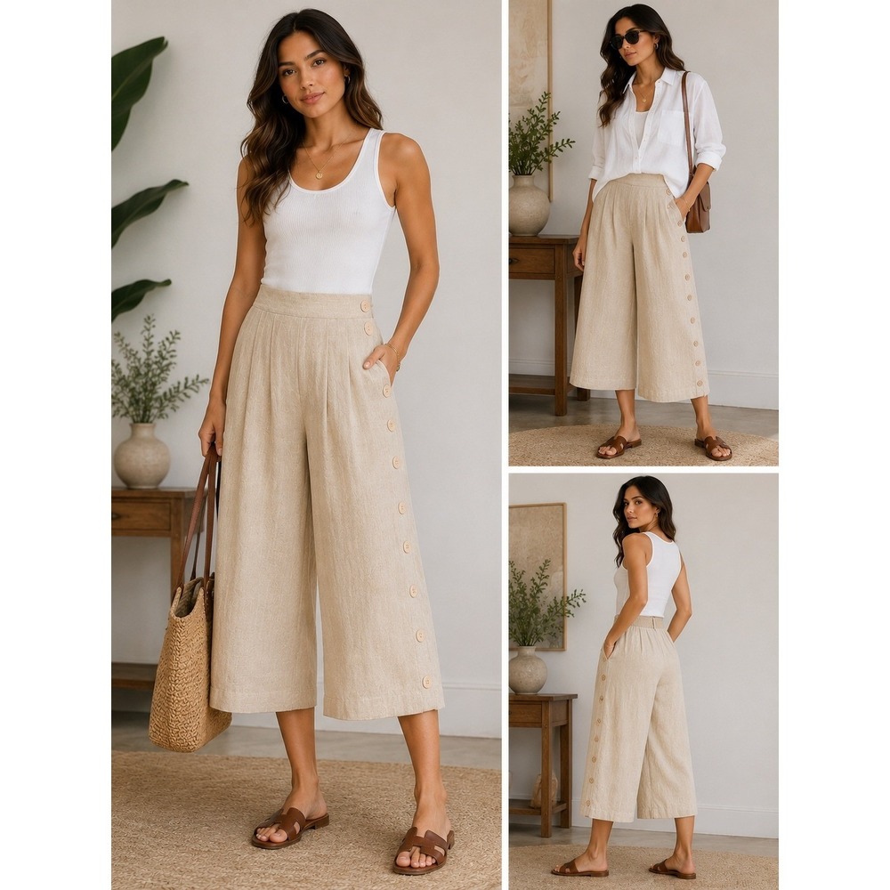 Condor Linen Blend Wide Leg Cropped Pants Beige Button Detail High Rise Size 5/6